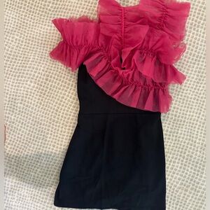 Amanda Uprichard Pink and Black Ruffled Asymmetrical Mini Dress